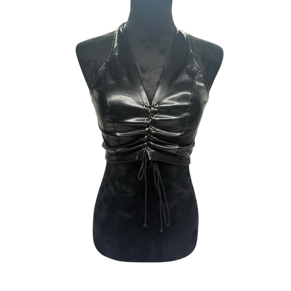 Faux Leather Black Halter Crop Top with Ruched Front Sz M